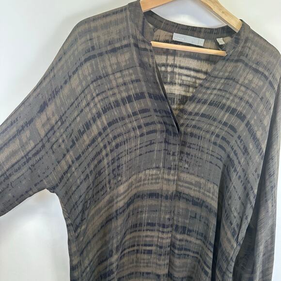Vince 100% Silk Long Sleeve Button Front Brown Striped Tunic Blouse Womens XS - Picture 6 of 16